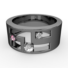 Valeda Alyans - Pırlanta, pembe kuvars ve swarovski 925 ayar siyah rodyum kaplama gümüş yüzük (0.11 karat) #2y0q0o