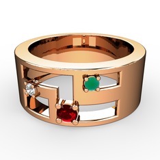 Garnet, pırlanta ve kök zümrüt 8 ayar rose altın yüzük (0.036 karat)