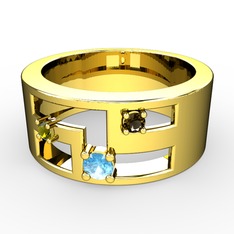 Akuamarin, peridot ve dumanlı kuvars 8 ayar altın yüzük