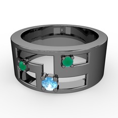 Valeda Alyans - Akuamarin ve kök zümrüt 925 ayar siyah rodyum kaplama gümüş yüzük #42vf3g