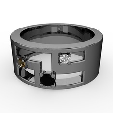 Valeda Alyans - Siyah zirkon, dumanlı kuvars ve pırlanta 925 ayar siyah rodyum kaplama gümüş yüzük (0.036 karat) #47425j