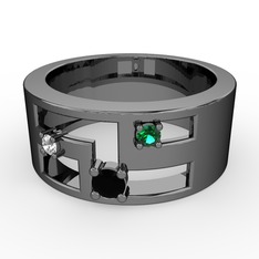 Siyah zirkon, swarovski ve yeşil kuvars 925 ayar siyah rodyum kaplama gümüş yüzük