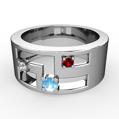 Akuamarin, beyaz zirkon ve garnet 8 ayar beyaz altın yüzük