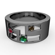 Valeda Alyans - Yeşil kuvars, kök yakut ve dumanlı kuvars 925 ayar siyah rodyum kaplama gümüş yüzük #5v8ka0