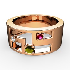 Peridot, pırlanta ve rodolit garnet 925 ayar rose altın kaplama gümüş yüzük (0.036 karat)