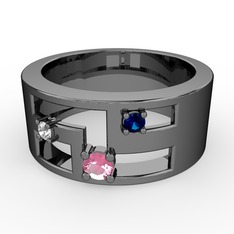 Pembe kuvars, swarovski ve lab safir 925 ayar siyah rodyum kaplama gümüş yüzük