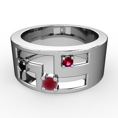 Kök yakut, siyah zirkon ve rodolit garnet 18 ayar beyaz altın yüzük