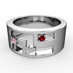 Valeda Alyans - Beyaz zirkon, pembe kuvars ve garnet 14 ayar beyaz altın yüzük #72kdux