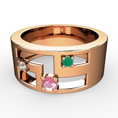 Pembe kuvars, pırlanta ve kök zümrüt 8 ayar rose altın yüzük (0.036 karat)