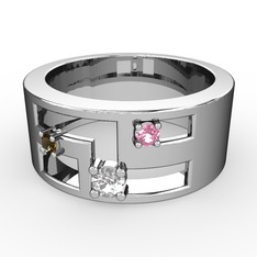 Swarovski, dumanlı kuvars ve pembe kuvars 8 ayar beyaz altın yüzük