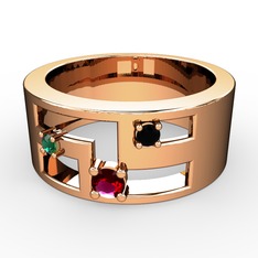 Rodolit garnet, yeşil kuvars ve siyah zirkon 14 ayar rose altın yüzük
