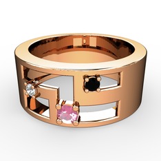 Pembe kuvars, swarovski ve siyah zirkon 8 ayar rose altın yüzük