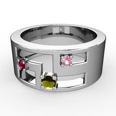 Peridot, rodolit garnet ve pembe kuvars 8 ayar beyaz altın yüzük