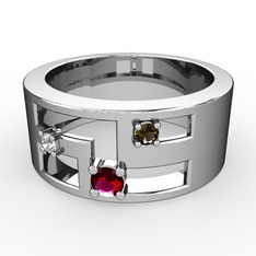 Valeda Alyans - Rodolit garnet, beyaz zirkon ve dumanlı kuvars 8 ayar beyaz altın yüzük #9hjasq