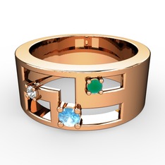 Akuamarin, pırlanta ve kök zümrüt 8 ayar rose altın yüzük (0.036 karat)