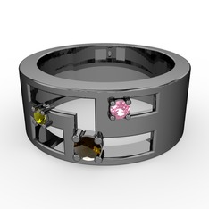 Valeda Alyans - Dumanlı kuvars, peridot ve pembe kuvars 925 ayar siyah rodyum kaplama gümüş yüzük #9xicbw