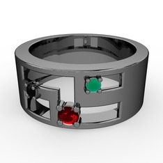 Valeda Alyans - Garnet, siyah zirkon ve kök zümrüt 925 ayar siyah rodyum kaplama gümüş yüzük #a14nmv