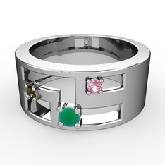 Valeda Alyans - Kök zümrüt, dumanlı kuvars ve pembe kuvars 18 ayar beyaz altın yüzük #a5c4vd