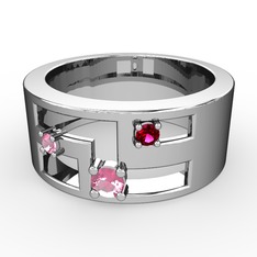 Pembe kuvars ve rodolit garnet 8 ayar beyaz altın yüzük