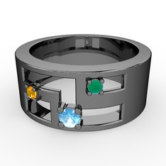 Akuamarin, sitrin ve kök zümrüt 925 ayar siyah rodyum kaplama gümüş yüzük