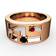 Siyah zirkon, pırlanta ve garnet 14 ayar rose altın yüzük (0.036 karat)