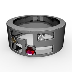 Valeda Alyans - Rodolit garnet, dumanlı kuvars ve swarovski 925 ayar siyah rodyum kaplama gümüş yüzük #bvyd74