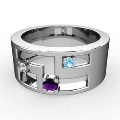 Ametist, pırlanta ve akuamarin 18 ayar beyaz altın yüzük (0.036 karat)