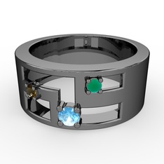 Valeda Alyans - Akuamarin, dumanlı kuvars ve kök zümrüt 925 ayar siyah rodyum kaplama gümüş yüzük #e00q19