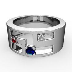 Lab safir, garnet ve pırlanta 18 ayar beyaz altın yüzük (0.036 karat)