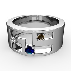 Lab safir, pırlanta ve dumanlı kuvars 14 ayar beyaz altın yüzük (0.036 karat)