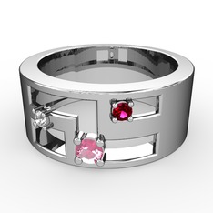 Pembe kuvars, pırlanta ve rodolit garnet 8 ayar beyaz altın yüzük (0.036 karat)