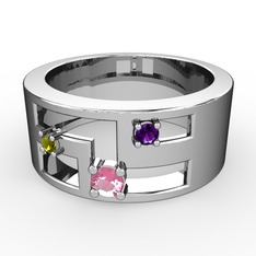 Valeda Alyans - Pembe kuvars, peridot ve ametist 18 ayar beyaz altın yüzük #g9hduo