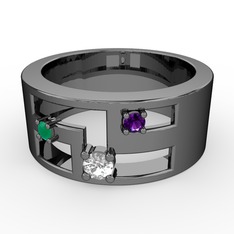 Valeda Alyans - Beyaz zirkon, kök zümrüt ve ametist 925 ayar siyah rodyum kaplama gümüş yüzük #gede2t