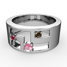 Valeda Alyans - Pembe kuvars, kök yakut ve dumanlı kuvars 18 ayar beyaz altın yüzük #hg19xl