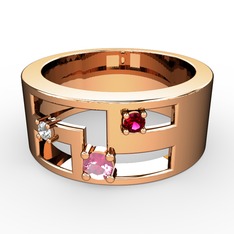 Pembe kuvars, pırlanta ve rodolit garnet 14 ayar rose altın yüzük (0.036 karat)