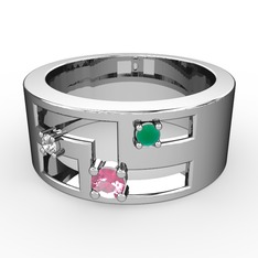 Valeda Alyans - Pembe kuvars, beyaz zirkon ve kök zümrüt 14 ayar beyaz altın yüzük #i2fvdr