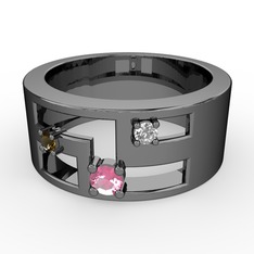 Valeda Alyans - Pembe kuvars, dumanlı kuvars ve pırlanta 925 ayar siyah rodyum kaplama gümüş yüzük (0.036 karat) #ij3c00