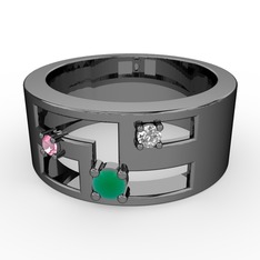 Valeda Alyans - Kök zümrüt, pembe kuvars ve swarovski 925 ayar siyah rodyum kaplama gümüş yüzük #jbhl9b