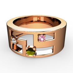 Peridot, pırlanta ve pembe kuvars 14 ayar rose altın yüzük (0.036 karat)