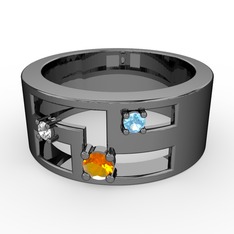 Valeda Alyans - Sitrin, beyaz zirkon ve akuamarin 925 ayar siyah rodyum kaplama gümüş yüzük #lst7g1