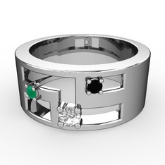 Valeda Alyans - Pırlanta, kök zümrüt ve siyah zirkon 18 ayar beyaz altın yüzük (0.11 karat) #mcu838