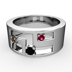 Valeda Alyans - Siyah zirkon, dumanlı kuvars ve rodolit garnet 8 ayar beyaz altın yüzük #mqoane