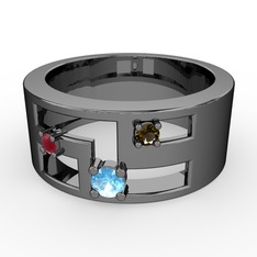 Valeda Alyans - Akuamarin, kök yakut ve dumanlı kuvars 925 ayar siyah rodyum kaplama gümüş yüzük #nfkto9