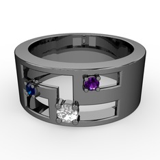 Valeda Alyans - Pırlanta, lab safir ve ametist 925 ayar siyah rodyum kaplama gümüş yüzük (0.11 karat) #oiue84
