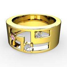 Beyaz zirkon, pembe kuvars ve pırlanta 18 ayar altın yüzük (0.036 karat)