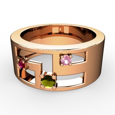 Peridot, rodolit garnet ve pembe kuvars 18 ayar rose altın yüzük