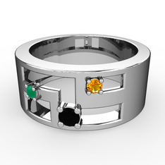 Siyah zirkon, kök zümrüt ve sitrin 18 ayar beyaz altın yüzük