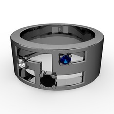 Siyah zirkon, swarovski ve lab safir 925 ayar siyah rodyum kaplama gümüş yüzük