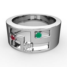 Valeda Alyans - Beyaz zirkon, kök yakut ve kök zümrüt 14 ayar beyaz altın yüzük #pfw1u3