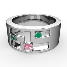 Valeda Alyans - Pembe kuvars, yeşil kuvars ve kök zümrüt 8 ayar beyaz altın yüzük #qmn5g1